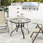 Table de patio ronde de 38 po avec trou pour parasol, table à manger d'extérieur en verre trempé
