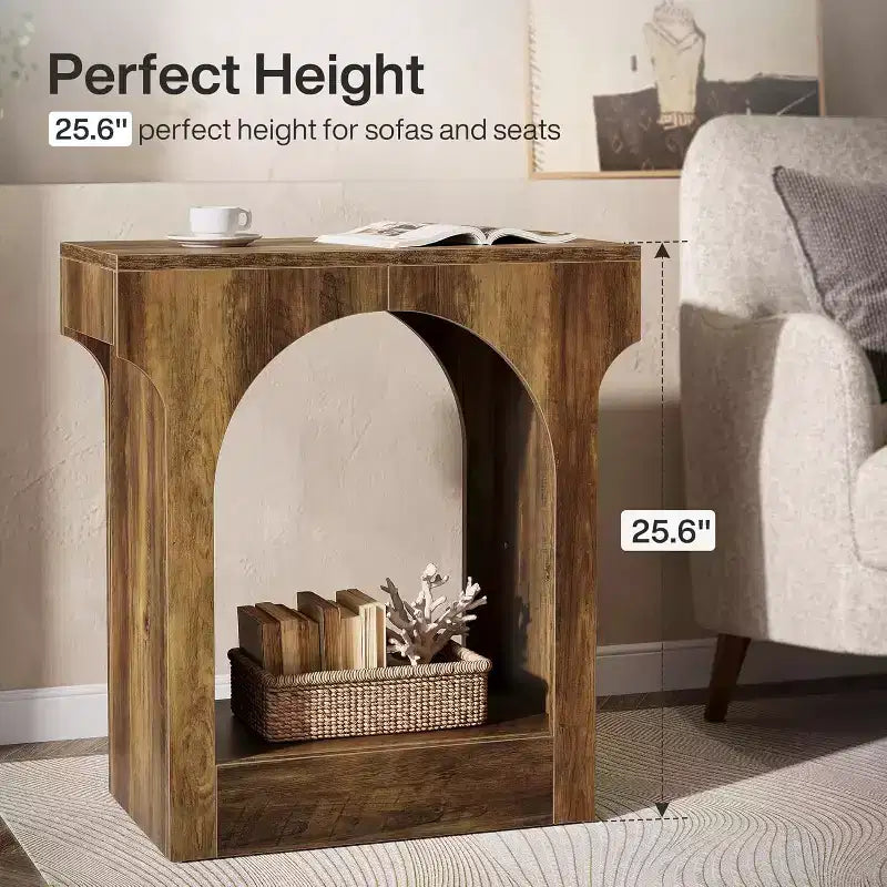 Table d'appoint Lantine Wood End avec espace de rangement pour salon, table de chevet étroite pour chambre, marron