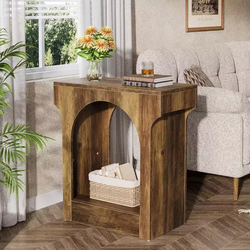 Table d'appoint Lantine Wood End avec espace de rangement pour salon, table de chevet étroite pour chambre, marron