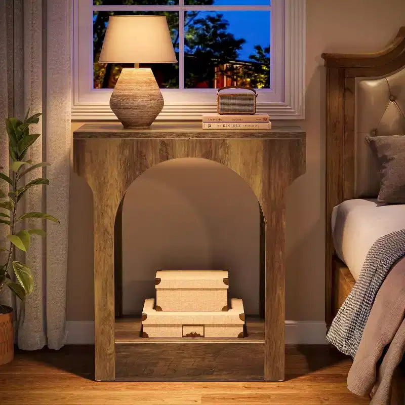 Table d'appoint Lantine Wood End avec espace de rangement pour salon, table de chevet étroite pour chambre, marron