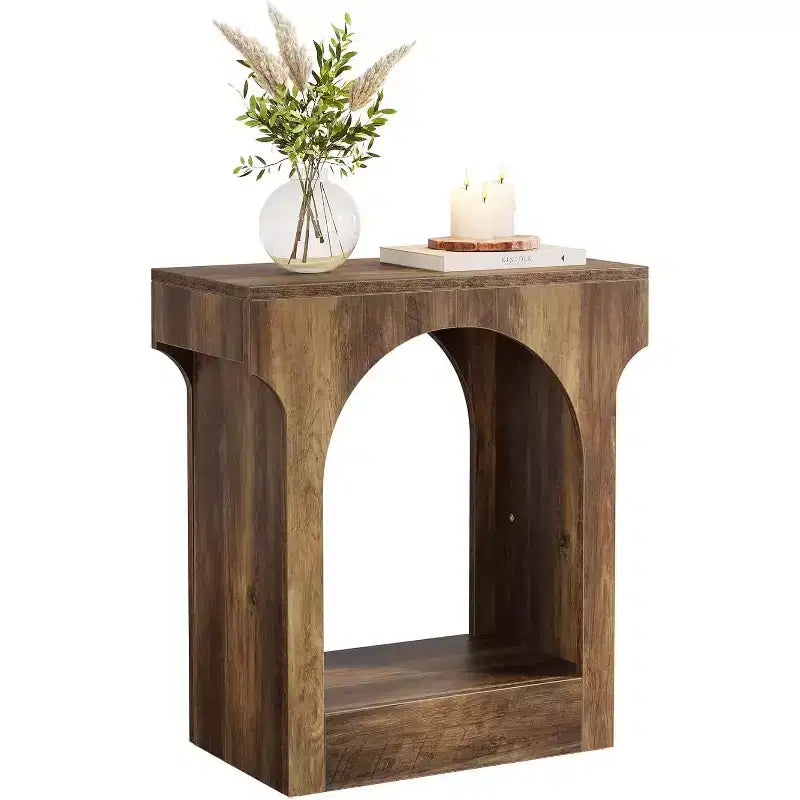 Table d'appoint Lantine Wood End avec espace de rangement pour salon, table de chevet étroite pour chambre, marron