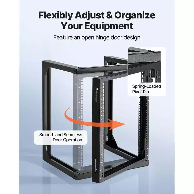 Rack de serveur VEVOR 12U à montage mural, capacité de charge maximale de 68 kg, rack réseau à cadre ouvert avec porte pivotante à 180 degrés, acier au carbone, noir