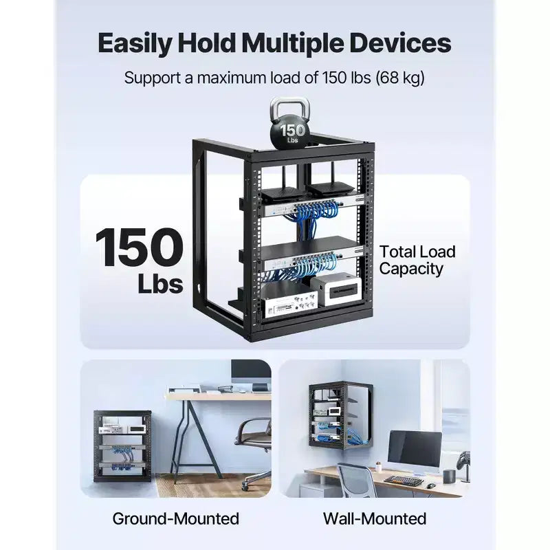 Rack de serveur VEVOR 12U à montage mural, capacité de charge maximale de 68 kg, rack réseau à cadre ouvert avec porte pivotante à 180 degrés, acier au carbone, noir