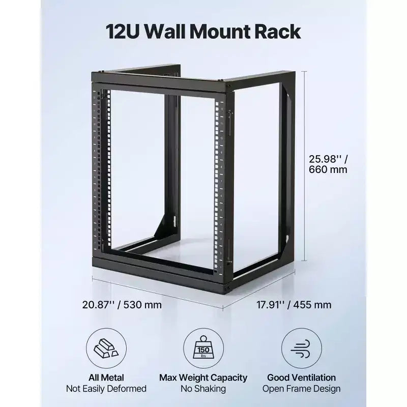 Rack de serveur VEVOR 12U à montage mural, capacité de charge maximale de 68 kg, rack réseau à cadre ouvert avec porte pivotante à 180 degrés, acier au carbone, noir