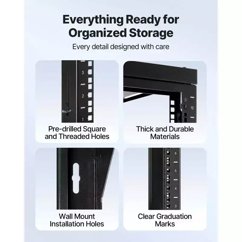 Rack de serveur VEVOR 12U à montage mural, capacité de charge maximale de 68 kg, rack réseau à cadre ouvert avec porte pivotante à 180 degrés, acier au carbone, noir
