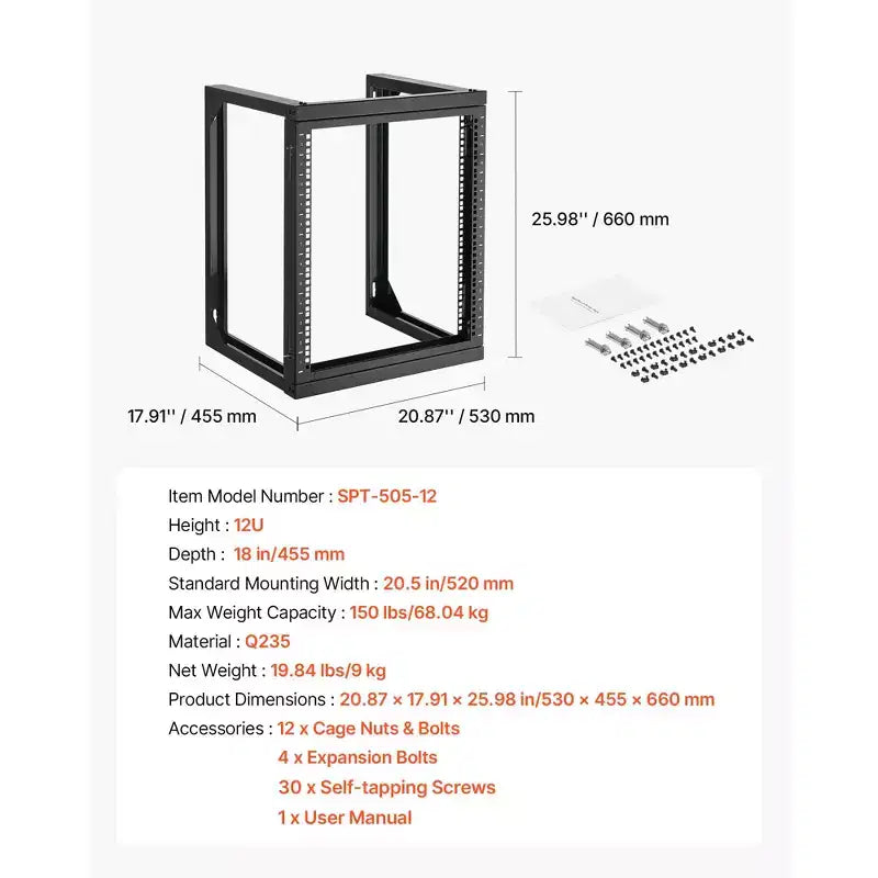 Rack de serveur VEVOR 12U à montage mural, capacité de charge maximale de 68 kg, rack réseau à cadre ouvert avec porte pivotante à 180 degrés, acier au carbone, noir