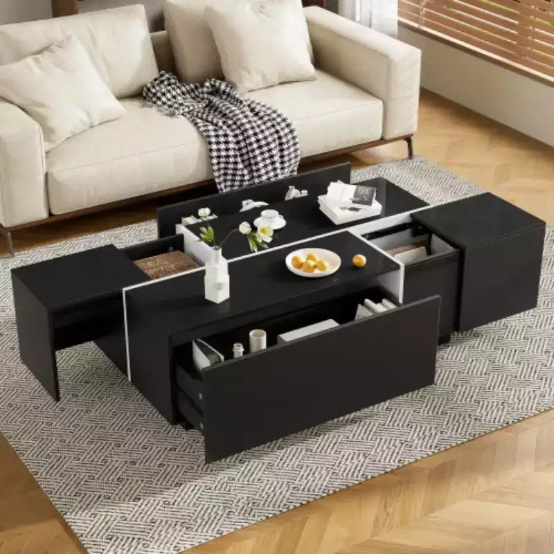 Table basse centrale moderne avec finition brillante, Table basse extensible avec 2 espaces de rangement et 2 tiroirs pour salon - Panipeachy