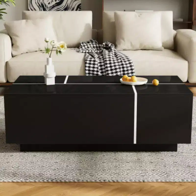 Table basse centrale moderne avec finition brillante, Table basse extensible avec 2 espaces de rangement et 2 tiroirs pour salon - Panipeachy