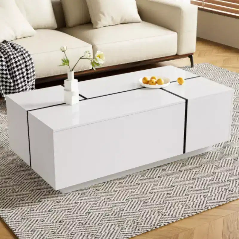 Table basse centrale moderne avec finition brillante, Table basse extensible avec 2 espaces de rangement et 2 tiroirs pour salon - Panipeachy