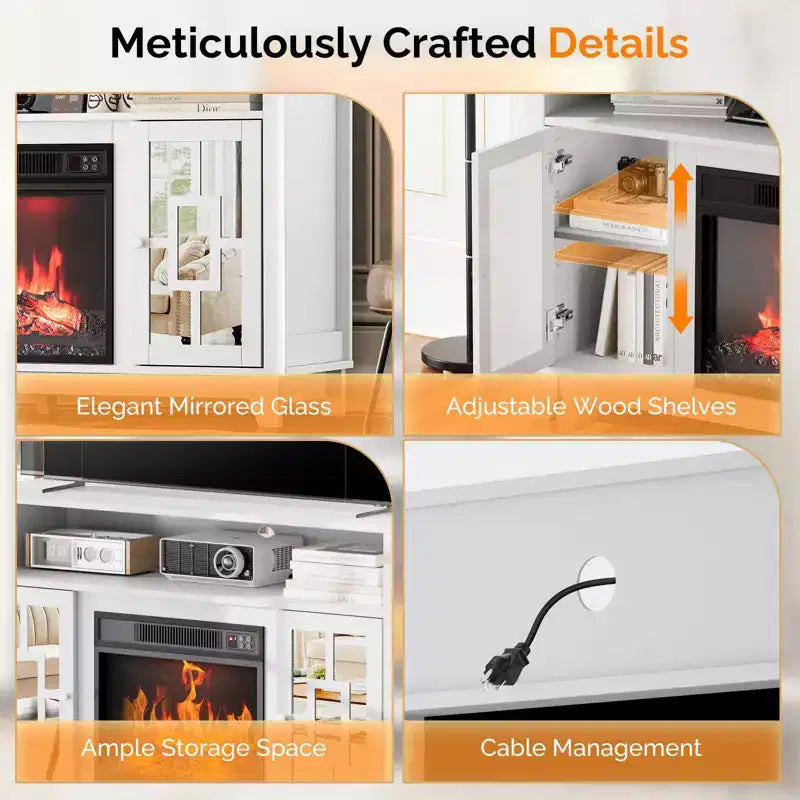 Meuble TV avec cheminée électrique Karl pour téléviseur de 60 pouces, centre de divertissement moderne avec meuble de rangement avec porte vitrée
