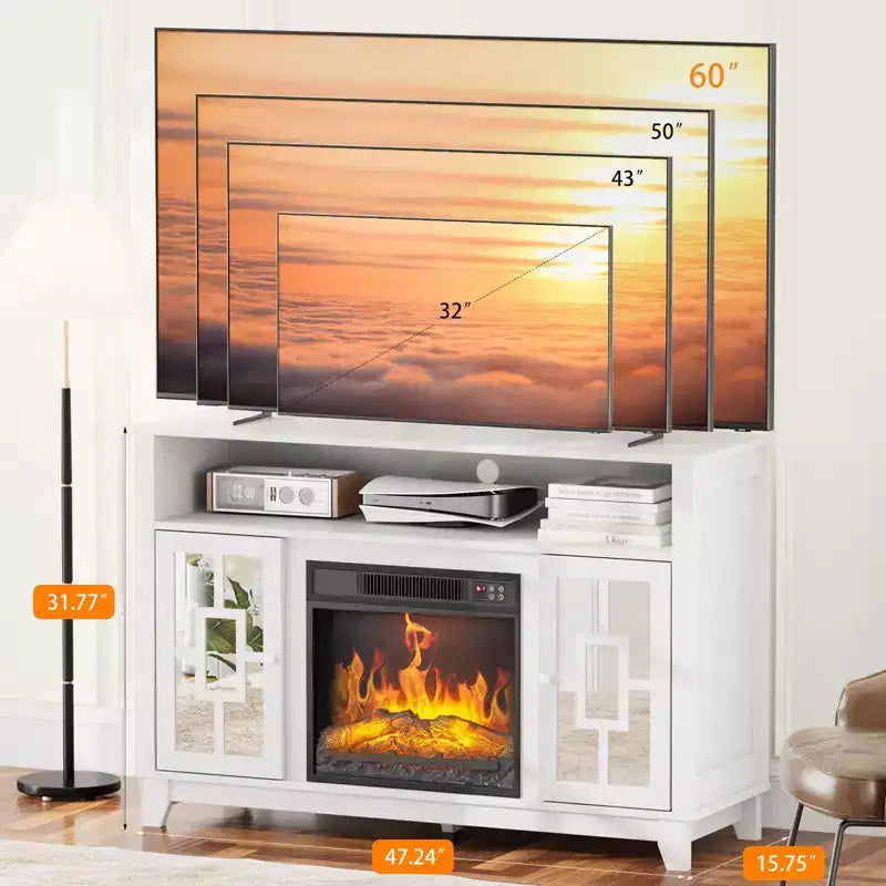 Meuble TV avec cheminée électrique Karl pour téléviseur de 60 pouces, centre de divertissement moderne avec meuble de rangement avec porte vitrée