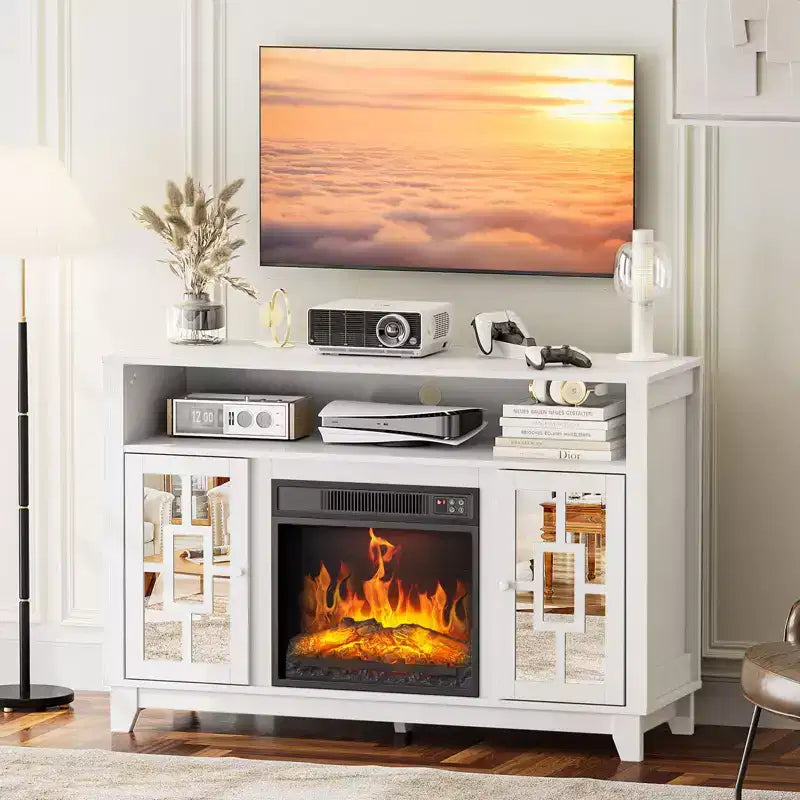 Meuble TV avec cheminée électrique Karl pour téléviseur de 60 pouces, centre de divertissement moderne avec meuble de rangement avec porte vitrée