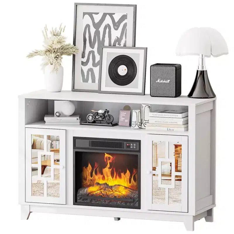 Meuble TV avec cheminée électrique Karl pour téléviseur de 60 pouces, centre de divertissement moderne avec meuble de rangement avec porte vitrée