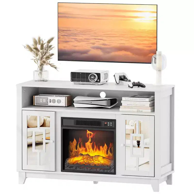 Meuble TV avec cheminée électrique Karl pour téléviseur de 60 pouces, centre de divertissement moderne avec meuble de rangement avec porte vitrée