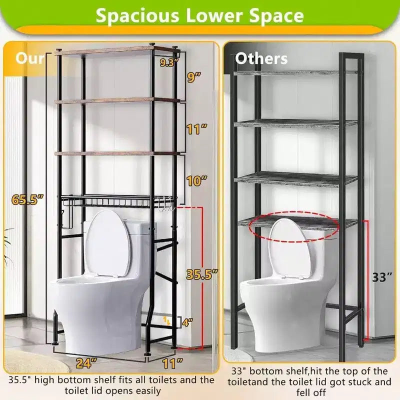 Étagère de rangement sur toilettes à 4 niveaux pour salle de bain avec pieds étanches et panier marron