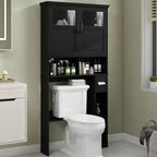 Over Toilet Storage Cabinet with Double Doors Toilet Paper Holder Stand, Freestanding Black Shelf Space Saver with Anti