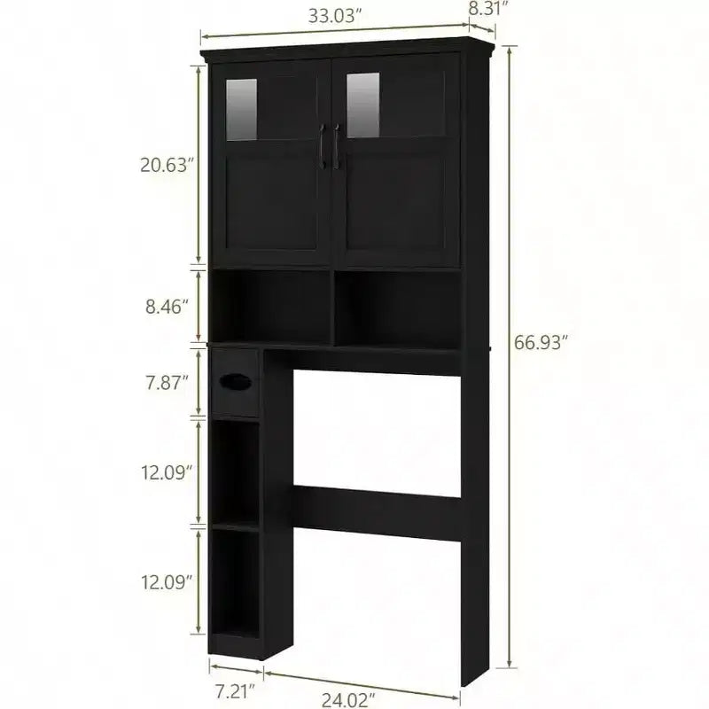 Meuble de rangement pour toilettes avec deux portes, porte-rouleau de papier toilette, étagère autoportante noire peu encombrante avec anti