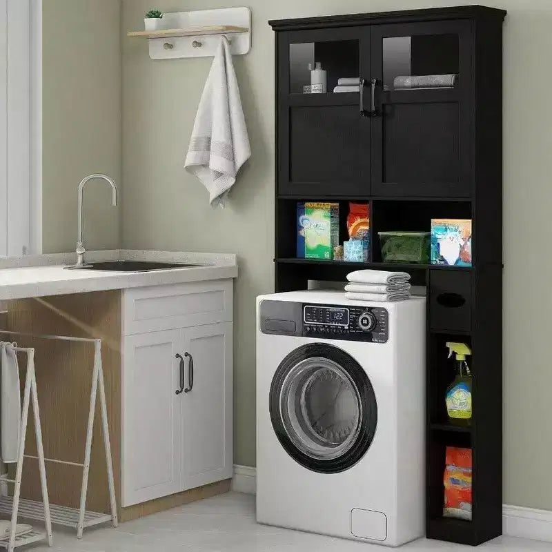 Meuble de rangement pour toilettes avec deux portes, porte-rouleau de papier toilette, étagère autoportante noire peu encombrante avec anti