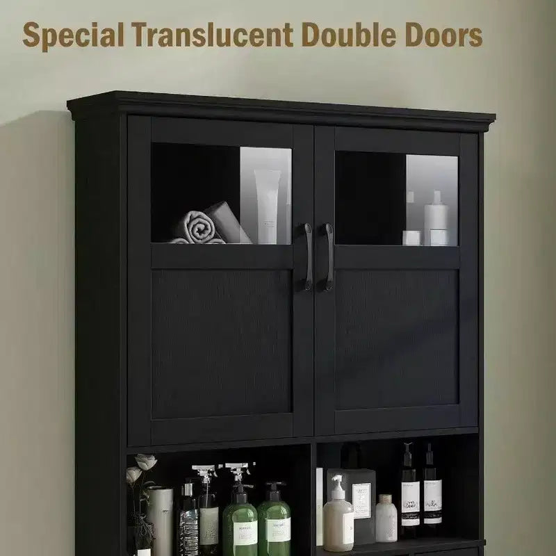 Meuble de rangement pour toilettes avec deux portes, porte-rouleau de papier toilette, étagère autoportante noire peu encombrante avec anti