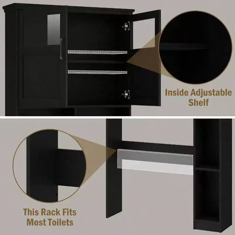 Meuble de rangement pour toilettes avec deux portes, porte-rouleau de papier toilette, étagère autoportante noire peu encombrante avec anti