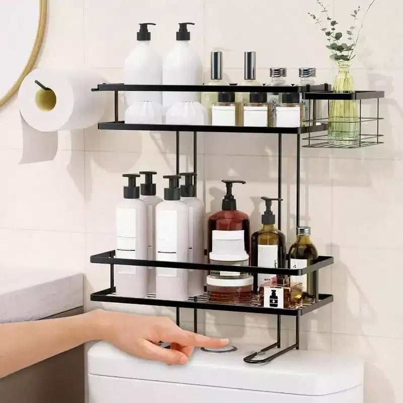 Étagère de rangement au-dessus des toilettes à 2 niveaux avec panier amovible, porte-papier, rangement au-dessus des toilettes, adhésif non marquant