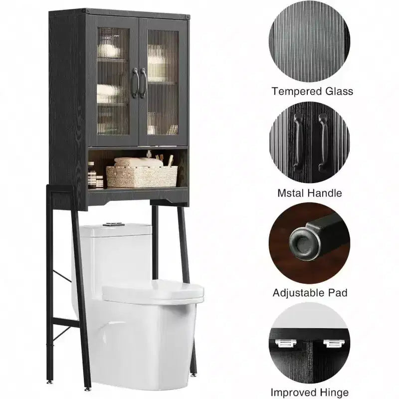 Meuble de rangement sur toilettes avec portes en verre trempé Étagère réglable Organisateur de salle de bain Support en métal Noir Gain de place