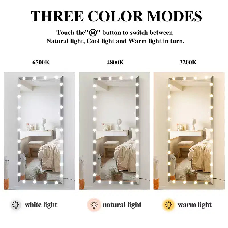 Miroir pleine longueur avec lumières Miroir sur pied surdimensionné pour dressing, chambre, couleur argent,