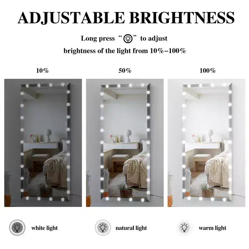 Miroir pleine longueur avec lumières Miroir sur pied surdimensionné pour dressing, chambre, couleur argent,