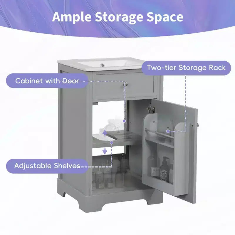 Meuble-lavabo MAYEERTY 20 pouces avec lavabo, porte à fermeture amortie, étagère de rangement réglable, gris