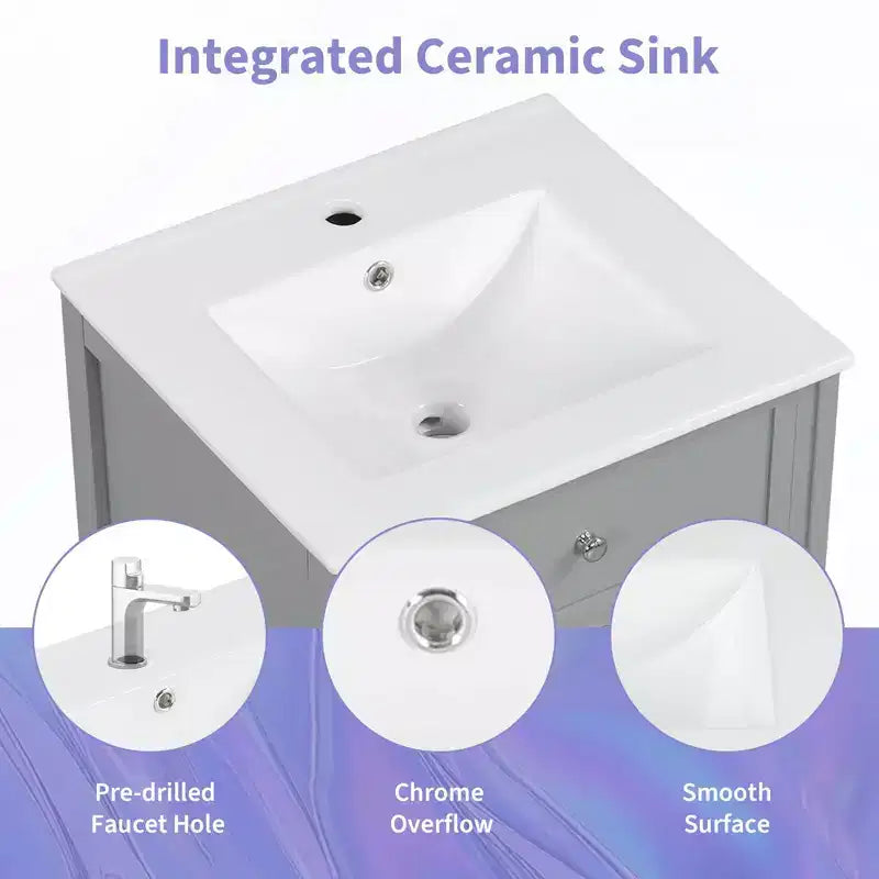 Meuble-lavabo MAYEERTY 20 pouces avec lavabo, porte à fermeture amortie, étagère de rangement réglable, gris