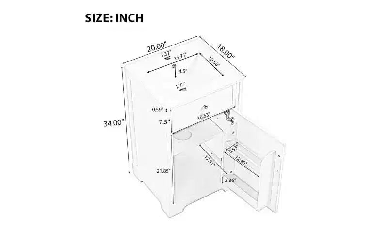 Meuble-lavabo MAYEERTY 20 pouces avec lavabo, porte à fermeture amortie, étagère de rangement réglable, gris