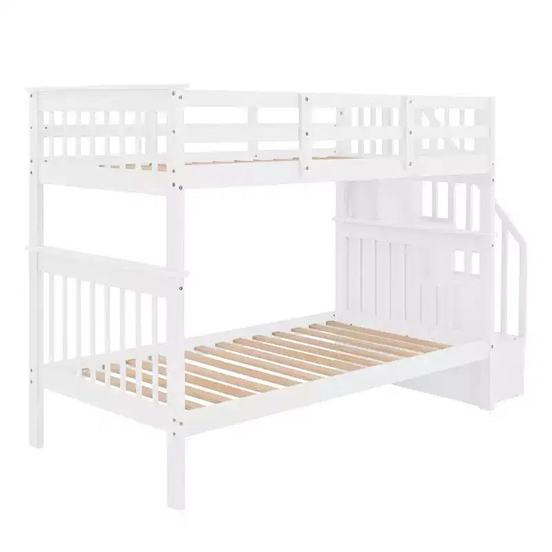 Whisen Twin-Over-Twin Bunk Bed & Bed Frame with Stairway, Storage and Guard Rail