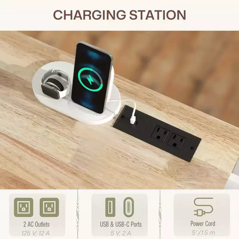 Îlot de cuisine sur roulettes avec abattant, station de charge, desserte de cuisine roulante avec plateau en bois, étagère réglable