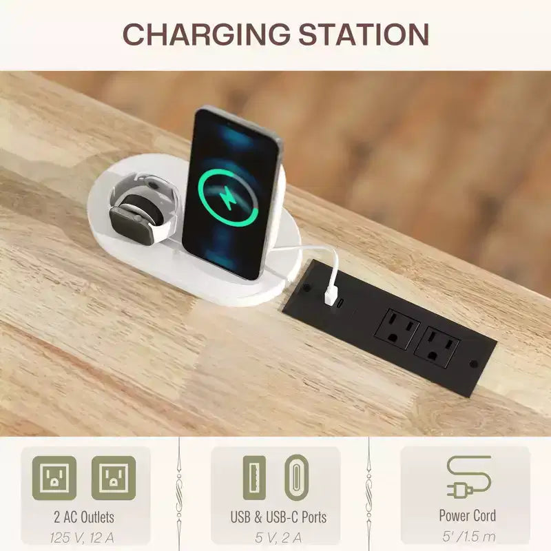 Îlot de cuisine sur roulettes avec abattant, station de charge, desserte de cuisine roulante avec plateau en bois, étagère réglable