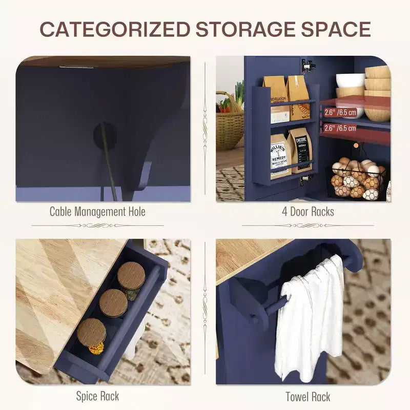 Îlot de cuisine sur roulettes avec abattant, station de charge, desserte de cuisine roulante avec plateau en bois, étagère réglable