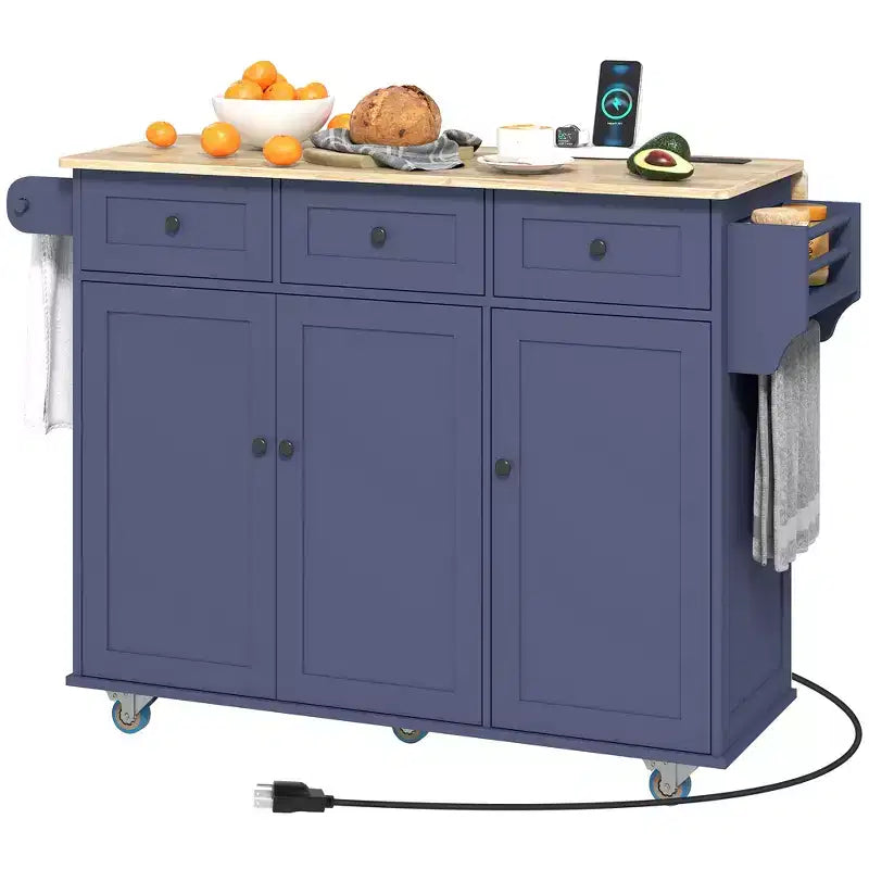 Kitchen Island on Wheels with Drop Leaf, Charging Station, Rolling Kitchen Cart with Wood Top, Adjustable Shelf