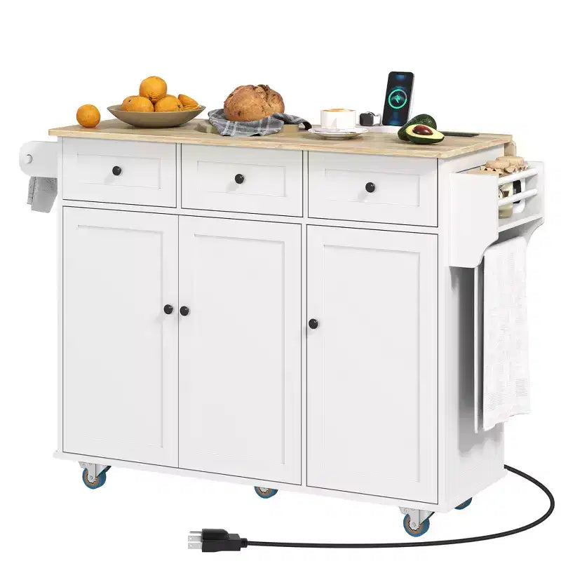 Îlot de cuisine sur roulettes avec abattant, station de charge, desserte de cuisine roulante avec plateau en bois, étagère réglable