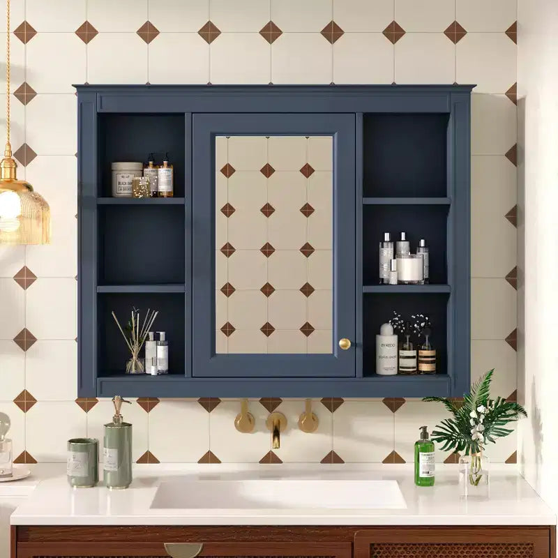MAYEERTY 27.5 Medicine Cabinet, Wall Mounted Bathroom Storage Cabinet with Mirror 6 Open Shelves Modern Blue