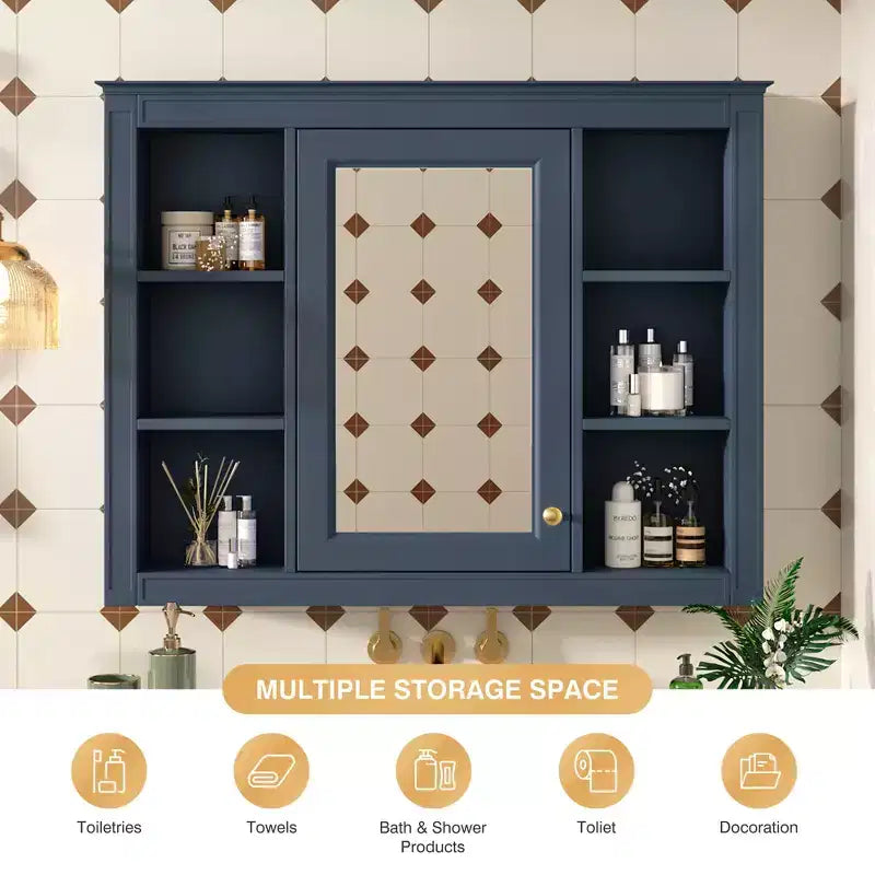 MAYEERTY 27.5 Meuble de rangement mural de salle de bain avec miroir et 6 étagères ouvertes, bleu moderne