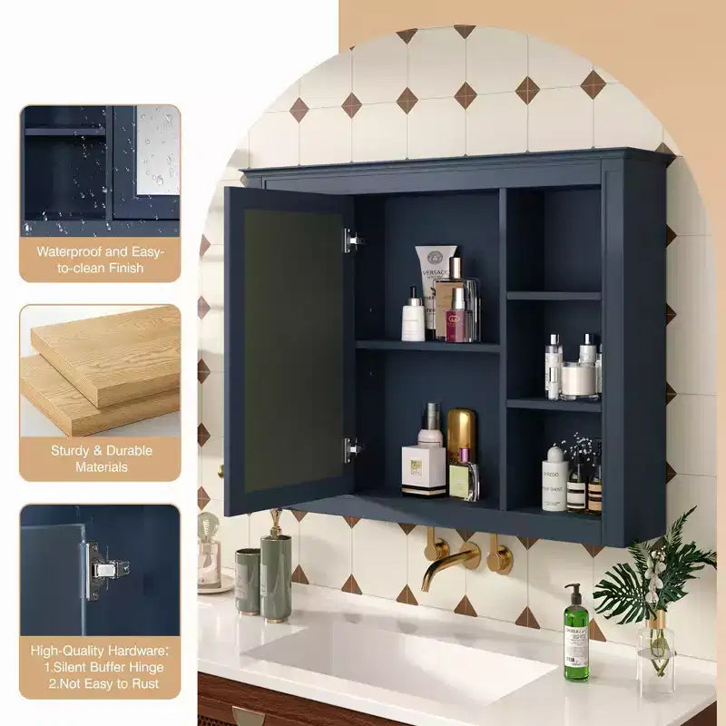 MAYEERTY 27.5 Meuble de rangement mural de salle de bain avec miroir et 6 étagères ouvertes, bleu moderne