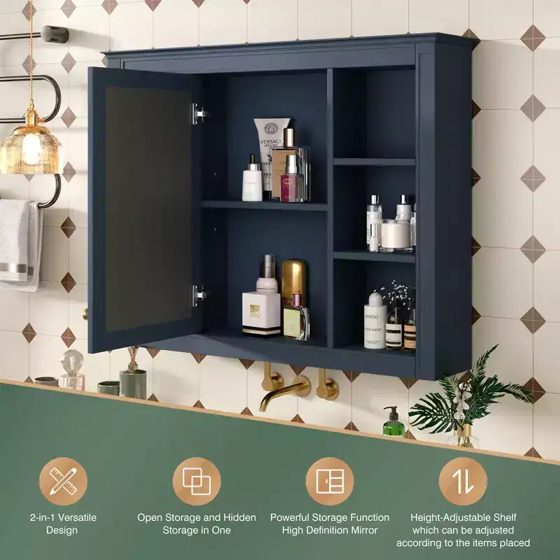 MAYEERTY 27.5 Meuble de rangement mural de salle de bain avec miroir et 6 étagères ouvertes, bleu moderne