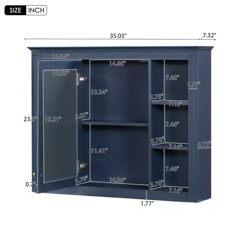 MAYEERTY 27.5 Meuble de rangement mural de salle de bain avec miroir et 6 étagères ouvertes, bleu moderne