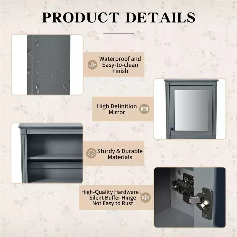 MAYEERTY Meuble de rangement mural de salle de bain 27 avec miroir et étagère réglable en hauteur Gris