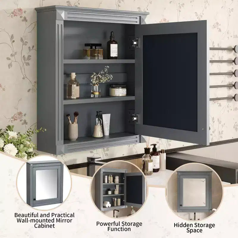 MAYEERTY Meuble de rangement mural de salle de bain 27 avec miroir et étagère réglable en hauteur Gris