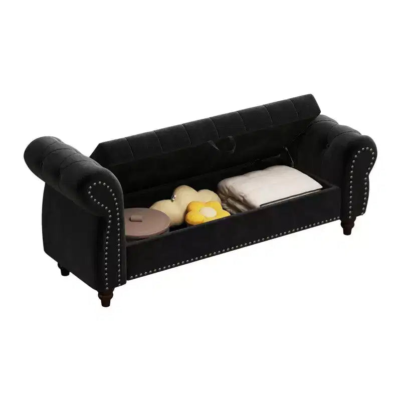 TUYOHW Banc de rangement rectangulaire, banc ottoman de bout de lit de 64,5 pouces avec design touffeté à clous, ottoman en lin pour salon, chambre, entrée