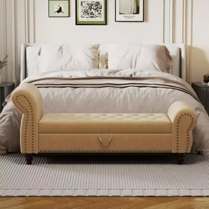 TUYOHW Banc de rangement rectangulaire, banc ottoman de bout de lit de 64,5 pouces avec design touffeté à clous, ottoman en lin pour salon, chambre, entrée