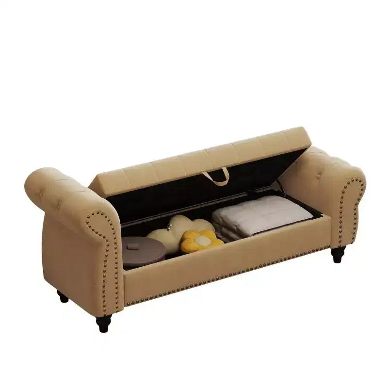 TUYOHW Banc de rangement rectangulaire, banc ottoman de bout de lit de 64,5 pouces avec design touffeté à clous, ottoman en lin pour salon, chambre, entrée