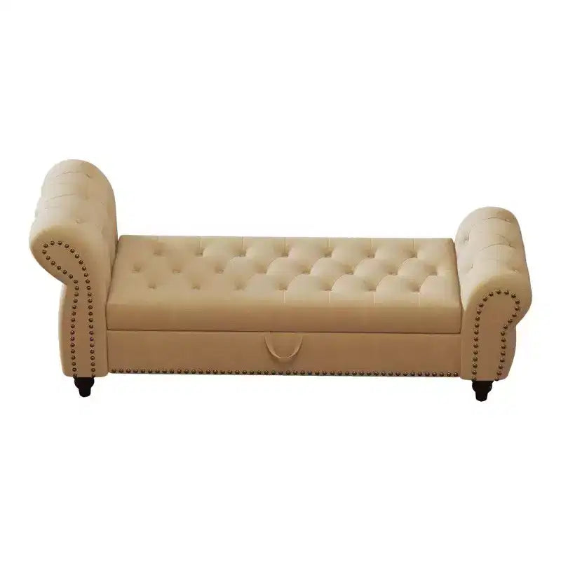 TUYOHW Banc de rangement rectangulaire, banc ottoman de bout de lit de 64,5 pouces avec design touffeté à clous, ottoman en lin pour salon, chambre, entrée