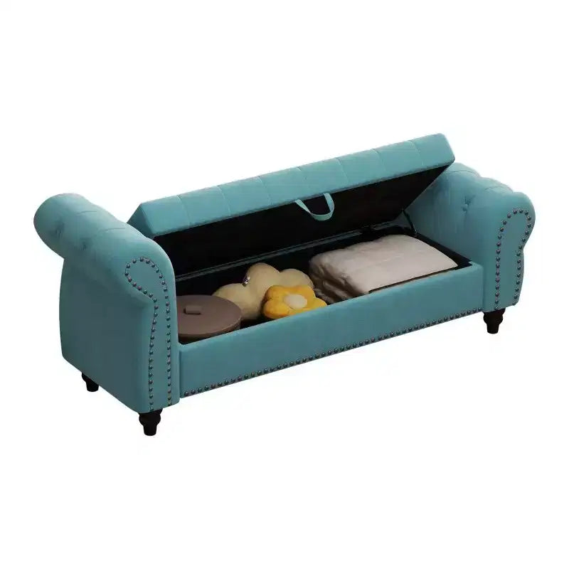 TUYOHW Banc de rangement rectangulaire, banc ottoman de bout de lit de 64,5 pouces avec design touffeté à clous, ottoman en lin pour salon, chambre, entrée