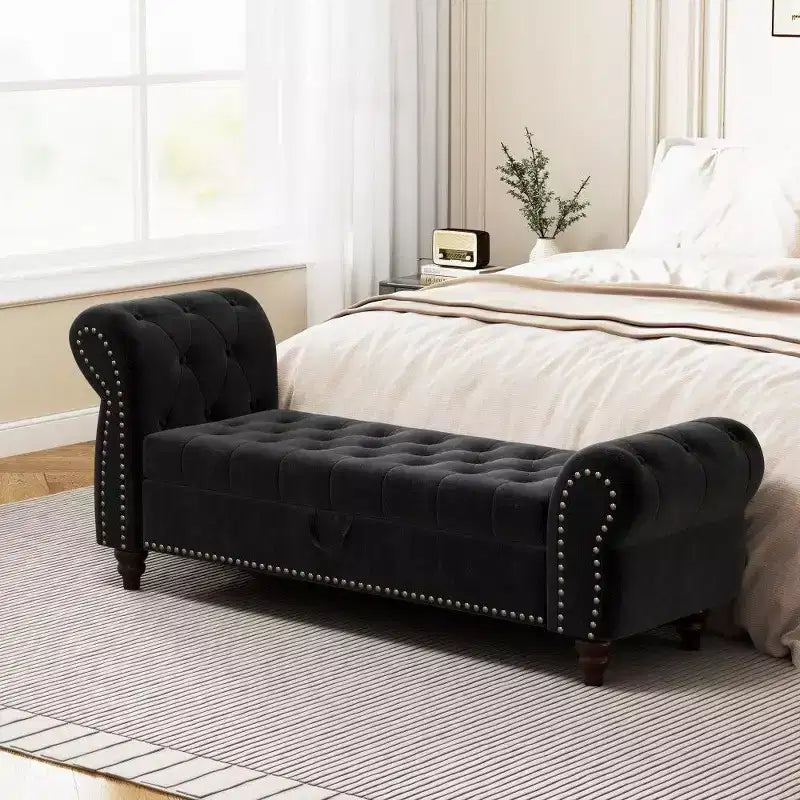 TUYOHW Banc de rangement rectangulaire, banc ottoman de bout de lit de 64,5 pouces avec design touffeté à clous, ottoman en lin pour salon, chambre, entrée